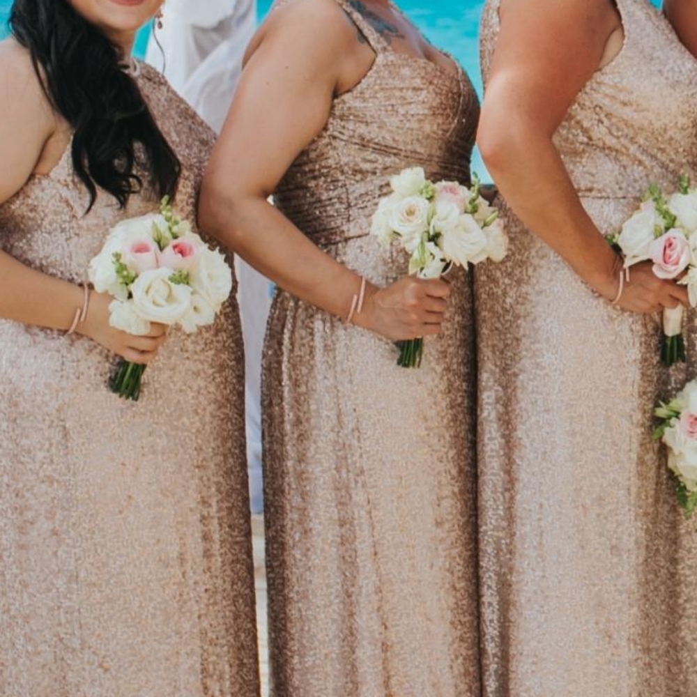 Amsale rose gold sequin dress prom bridesmaid sz14